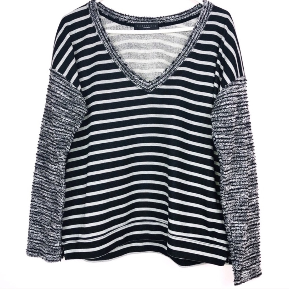 Sanctuary Textured Sleeve Striped V Neck Sweater L - Picture 5 of 8